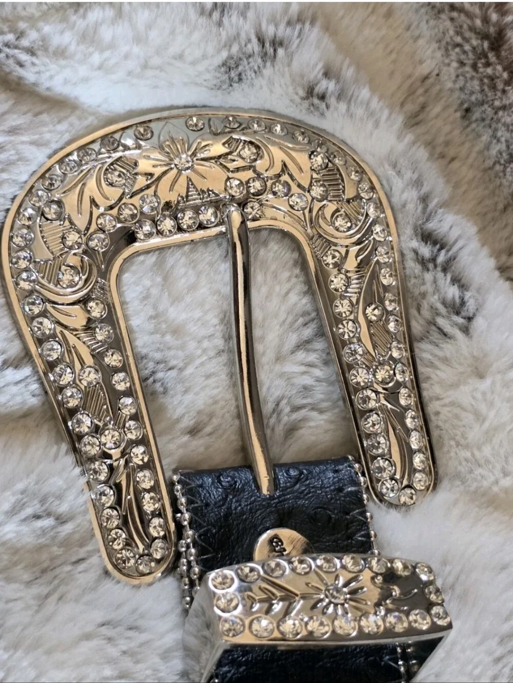 BHW Women's Black Leather Western Belt Crystals and Bling Accents Size M